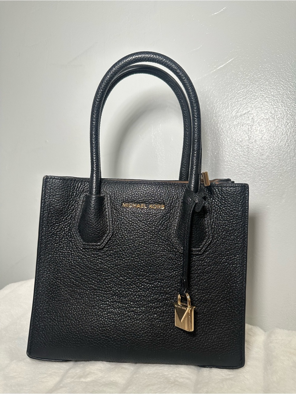 Michael Kors Black Pebbled Leather Satchel with Gold Accent Lock